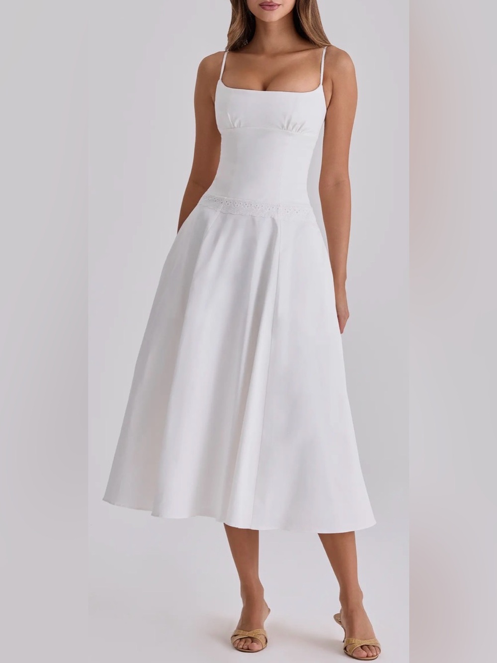 NEW HOUSE OF CB Liora Eyelet Trim Cotton Midi White Dress sz XS